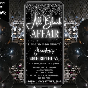 Digital All Black Affair Birthday Party Invitation, Electronic Phone Text Evite, Black Silver Drip, Editable Template, Instant Download