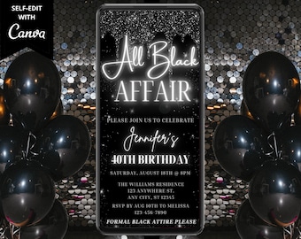 Digital All Black Affair Birthday Party Invitation, Electronic Phone Text Evite, Black Silver Drip, Editable Template, Instant Download