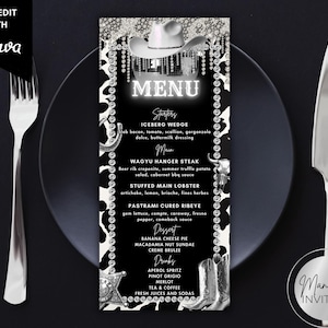 May include: A black and white menu with a cowhide pattern and silver glitter accents. The menu lists appetizers, main courses, desserts, and drinks. The text "MENU" is in a neon-style font.