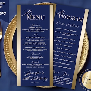 Editable Modern Blue Gold Menu and Event Program Card Template, Thank You Note, Order of Event Agenda, Table Program, Instant Download