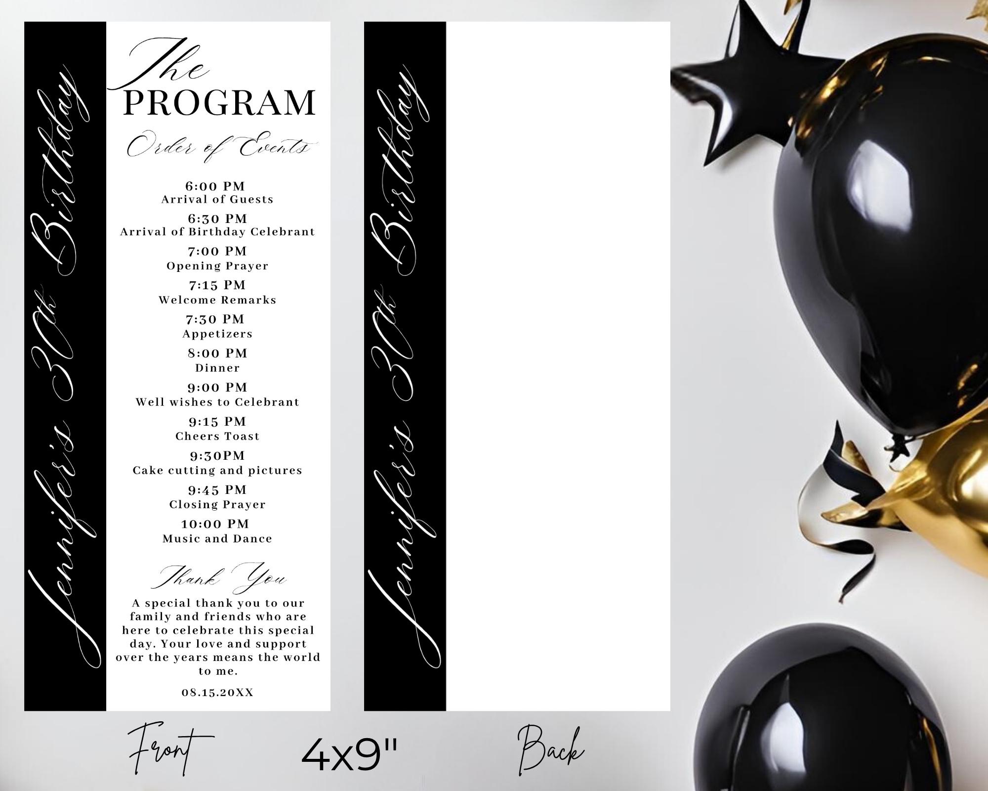 Editable Modern Black and White Event Program Card With Thank You Note ...