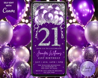 Digital 21st Birthday Diamond Purple Silver Balloons Party Invitation, Elegant Glam, Phone Evite, Editable Template, Instant Download, PS82