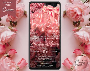 Digital A Sweet Baby Girl Is On The Way Baby Shower Invitation, Neon Blush Pink Floral Bow, Phone Evite, Editable Template, Instant Download