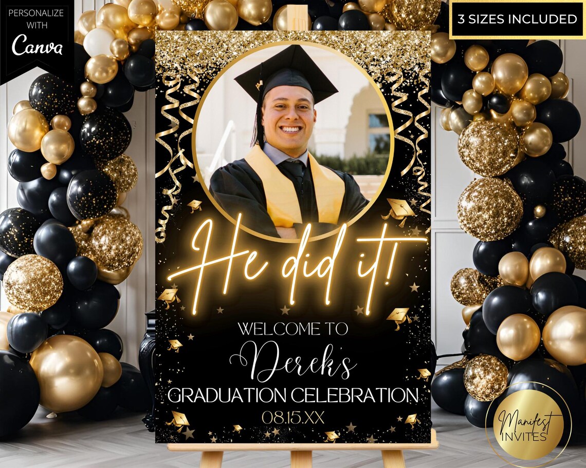 Editable Men's He Did It Graduation Party Welcome Sign Photo Template ...