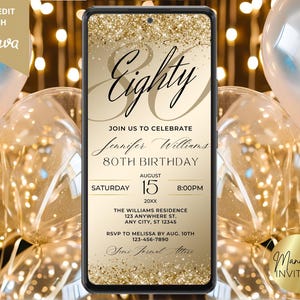 Digital Modern Elegant 80th Birthday Gold Glitter Glam Party Invitation, Eighty, Phone Evite, Editable Canva Template, Instant Download