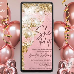 Digital sie hat es gemacht Graduierung Party Einladung, Pink Gold Glam Ballons, Grad Bekanntgabe, Text Evite, bearbeitbare Vorlage, Sofort Download