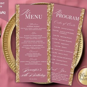 May include: A menu and program for a 50th birthday celebration. The menu lists starters, mains, dessert, and drinks. The program details the order of events. Both cards have a mauve background with gold glitter borders and text.