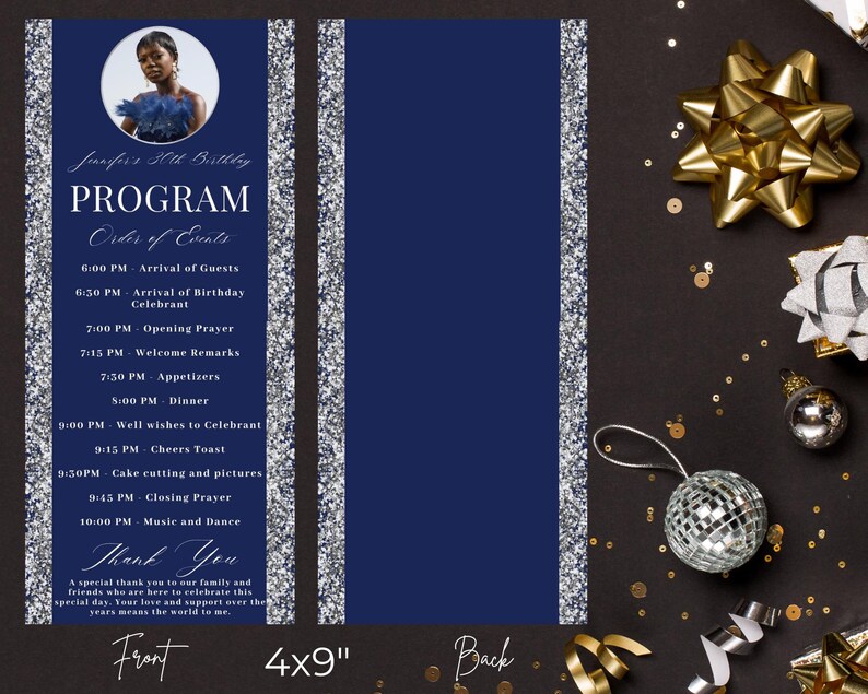 Editable Elegant Blue Silver Event Program Card Photo Template, Thank ...