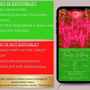 May include: A green and red digital invitation for a graduation party. The text reads "Grad Party in the Yardy!" with a pink neon effect. The invitation includes the graduate's name, university, date, time, and location.