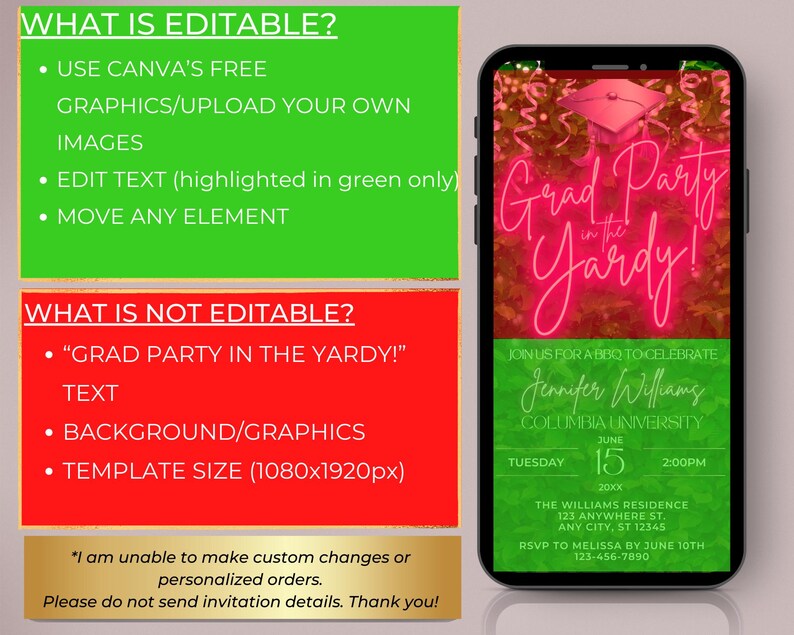 May include: A green and red digital invitation for a graduation party. The text reads "Grad Party in the Yardy!" with a pink neon effect. The invitation includes the graduate's name, university, date, time, and location.