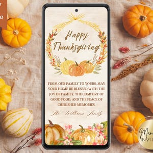 Digitale Happy Thanksgiving-wenskaart, pompoenvakantiewenskaart, verzenden per tekst of e-mail, bewerkbare canvassjabloon, direct downloaden