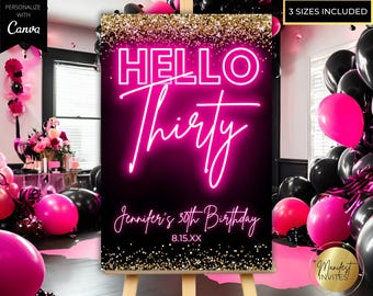 Editable Hello Thirty 30th Birthday Party Glam Welcome Sign Template, Printable Party Decor, Pink Neon Gold Glitter, Instant Download, PG38