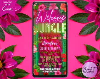 May include: A digital invitation for a 30th birthday party with a tropical jungle theme. The invitation features a green and pink background with a neon green "Welcome to the Jungle" text. The text also includes the birthday person's name, date, time, and location. The invitation also requests tropical attire.