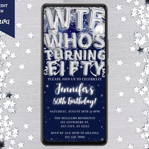 Digital WTF Who&#39;s Turning Fifty 50th Birthday Party Navy Blue Silver Invitation, Electronic Phone Evite, Editable Template, Instant Download