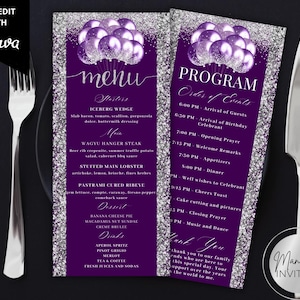 Bewerkbare elegante paars zilveren glitterballonnen Verjaardagsmenu en programmakaartsjabloon, volgorde van evenementen, bedankkaart, direct downloaden