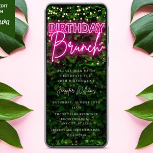 Electronic Pink Neon Greenery Birthday Brunch Invitation, Digital Birthday Brunch Invite, Editable Template, Phone Evite, Instant Download