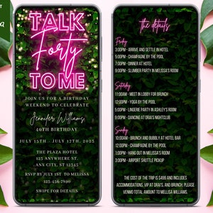 Electronic Talk Forty To Me 40th Birthday Weekend Invitation, Digital Itinerary, Pink Neon Greenery, Editable Template, Instant Download