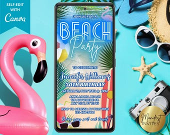 Digital Tropical Beach Birthday Party Invitation, Electronic Phone Evite, Beach Ocean Luau Summer Party, Editable Template, Instant Download