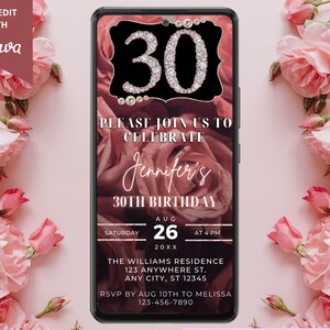 Digital 30th Rose Gold Diamonds Pink Floral Birthday Party Invitation, Electronic Phone Evite, Editable Template, Instant Download, RGDF4