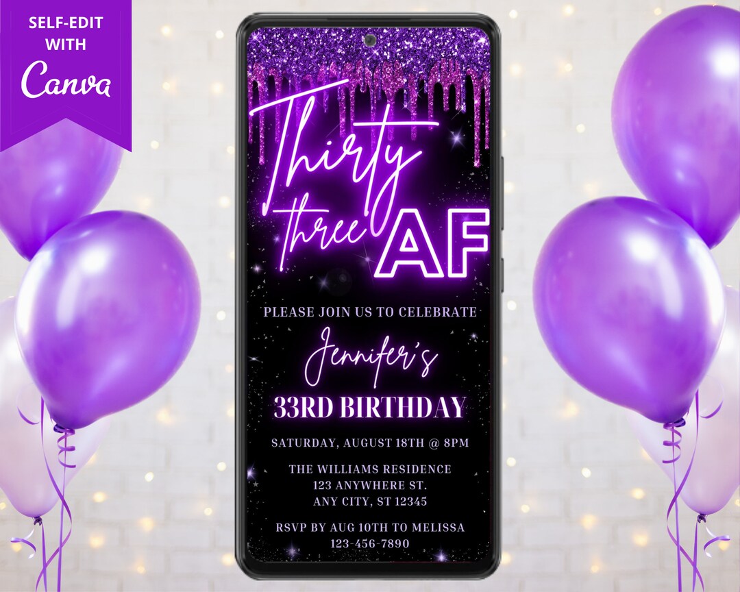 Digital 33 AF 33rd Birthday Party Invitation, Electronic Phone Text ...