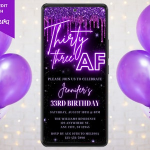Digital 33 AF 33rd Birthday Party Invitation, Electronic Phone Text Evite, Neon Purple Glitter Drip, Editable Template, Instant Download