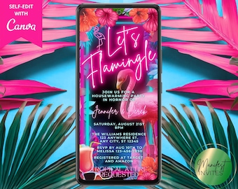 Digital Tropical Let's Flamingle Housewarming Party Invitation, Summer Luau BBQ, Neon Pink Teal, Editable Template, Instant Download, PTT2