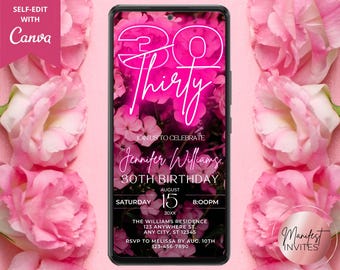 Digital Thirty 30th Birthday Party Invitation, Electronic Phone Text Email Evite, Pink Neon Floral, Editable Template, Instant Download PF01