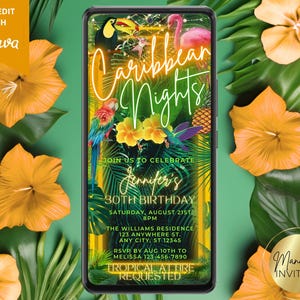 Digitale Karibik Tropische Neon-Geburtstagsfeiereinladung, Summer Island Reggae Party, Telefon Evite, bearbeitbare Vorlage, Sofort Download