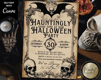 May include: A vintage-style Halloween party invitation with a bat and skulls. The invitation reads "Join us for a Hauntingly Good Time at Our Halloween Party" with the date and time of the party. The text "We're Dying to See You!" is at the bottom of the invitation.