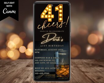 Electronic Men's 41st Birthday Party Invitation, Digital Phone Text Email Evite, Cheers Whiskey, Editable Template, Instant Download, WM42