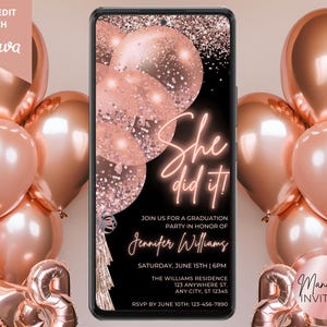 Digital sie hat es gemacht Abschlussfeier Einladung, Rose Gold Luftballons, High School College, Text Evite, bearbeitbare Vorlage, Sofort Download