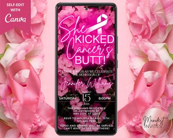 Digital Breast Cancer Survivor Party Pink Floral Invitation, She Kicked Cancer's Butt, Editable Template, Text Evite, Instant Download