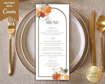Editable Thanksgiving Dinner Menu Card Template, Printable Rustic Fall Holiday Thanksgiving Feast Menu, Floral Pumpkins, Instant Download