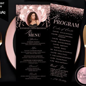 Editable Glam Pink Rose Gold Glitter Balloons Menu Program and Thank You Photo Card, Birthday or Graduation Decor, Printable Canva Template