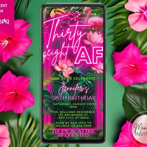 Digital 38 AF 38th Birthday Tropical Pink Neon Party Invitation, Palm Leaves Jungle, Phone Text Evite, Editable Template, Instant Download