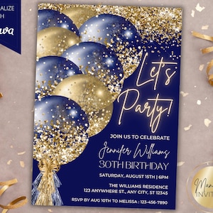 Bearbeitbare Let's Party Navy Blue Gold Glitter Ballons Glam-Geburtstagsfeier-Einladung, druckbare benutzerdefinierte Karte, Canva-Vorlage, sofortiger Download