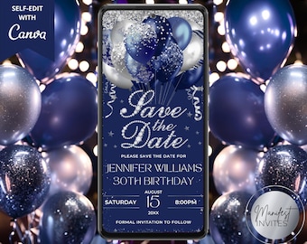 Digital Navy Blue Silver Balloons Diamond Save The Date Invitation, Birthday Graduation, Phone Evite, Editable Template, Instant Download