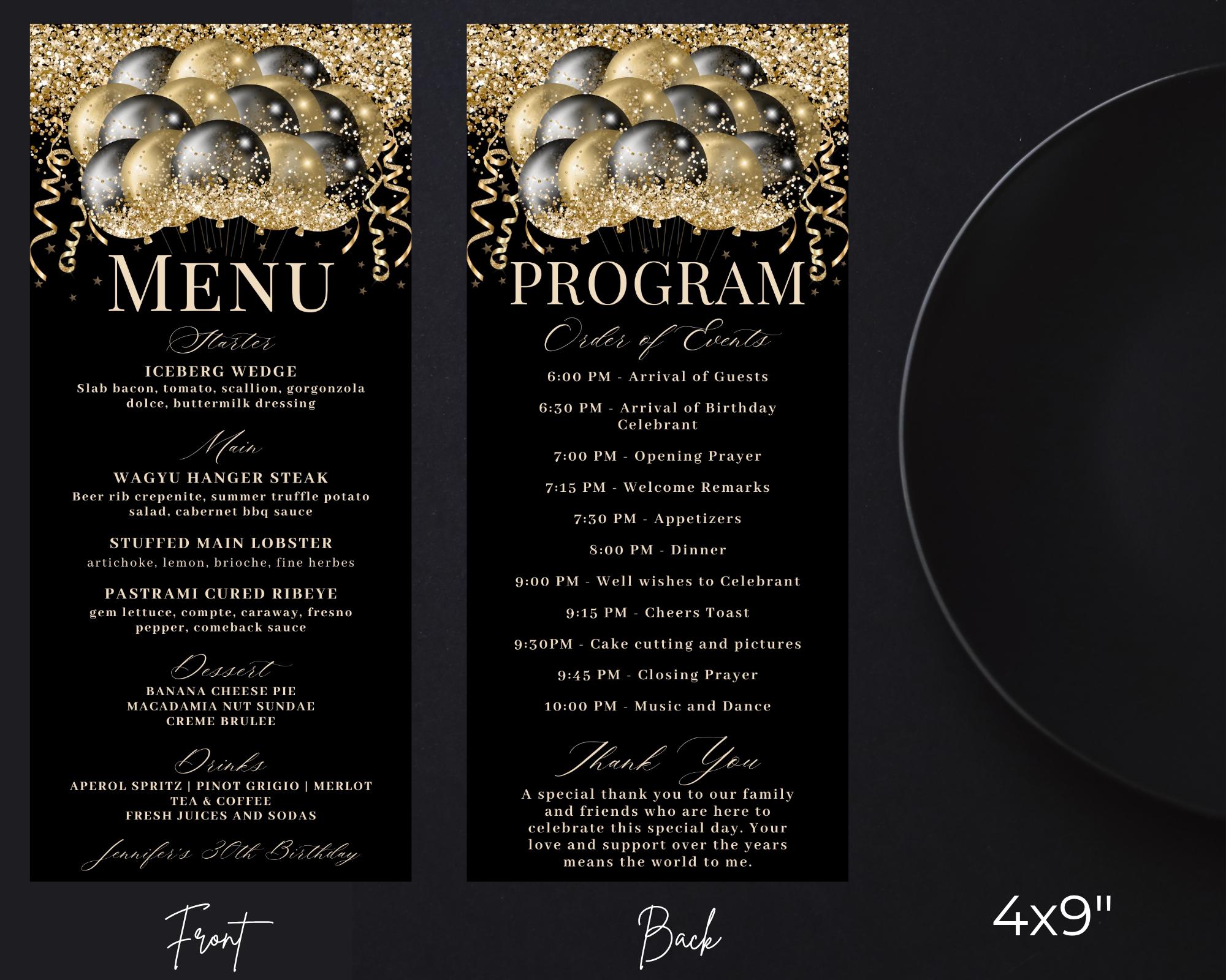 Grad Balloon Menu Editable Elegant Black Gold Glitter Balloons Menu Program and Thank You ...