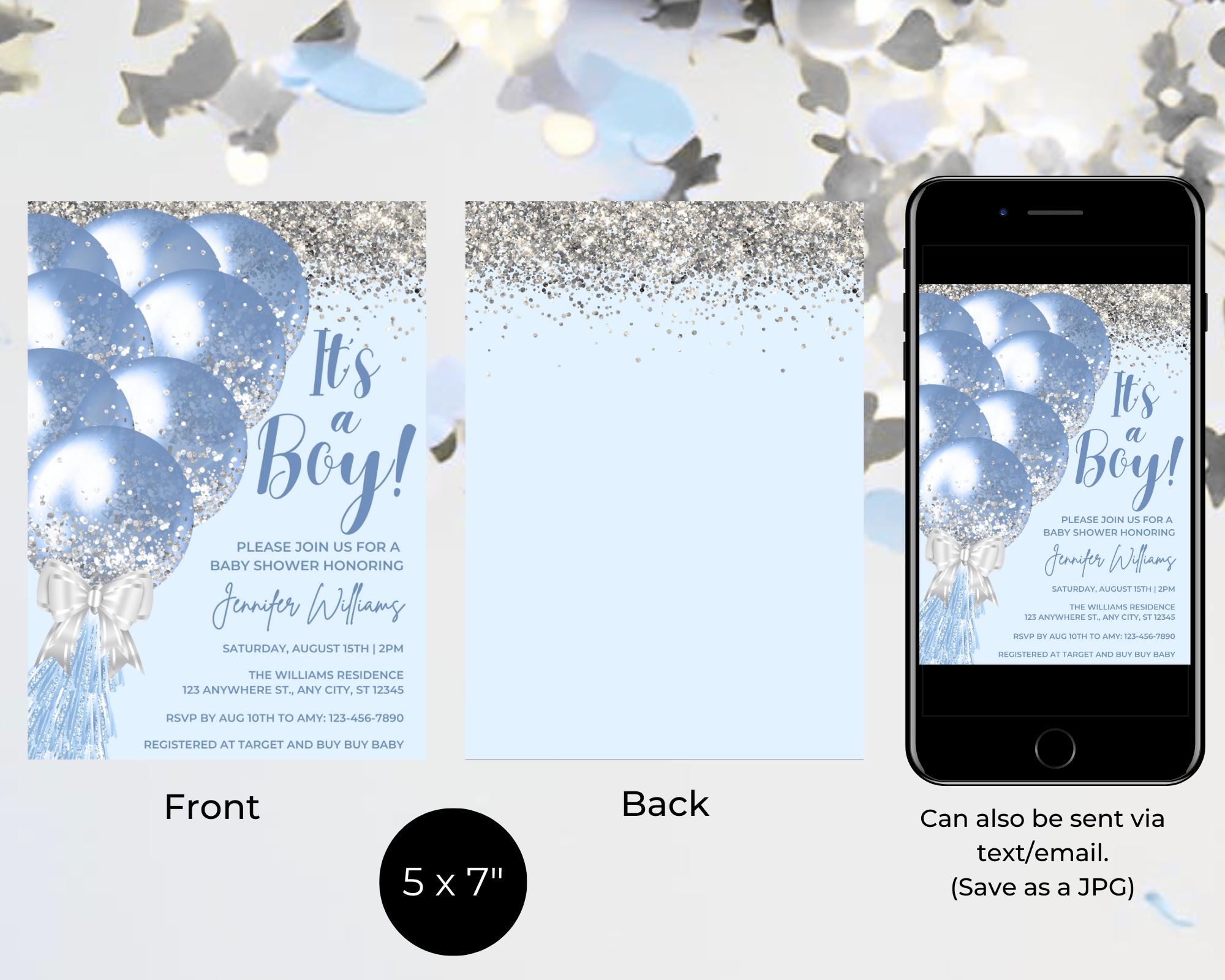 Editable It's a Boy Blue Silver Glitter Balloons Glam Baby Shower ...