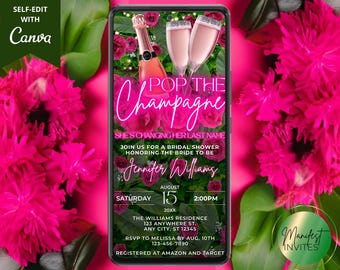 Invito per addio al nubilato "The Champagne" di Digital Pop, brunch, verde floreale rosa neon, modello modificabile, invito telefonico, download immediato