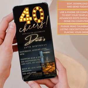 May include: A digital invitation for a 40th birthday party. The invitation features a black background with gold text and a picture of a glass of whisky. The text reads "Cheers! Join us to celebrate Derek's 40th Birthday. Saturday, August 18th, 6PM. Coppers Bar & Grill, 125 Anywhere St., Any City, ST 12345. RSVP by Aug 10th to Melissa, 123-456-7890."