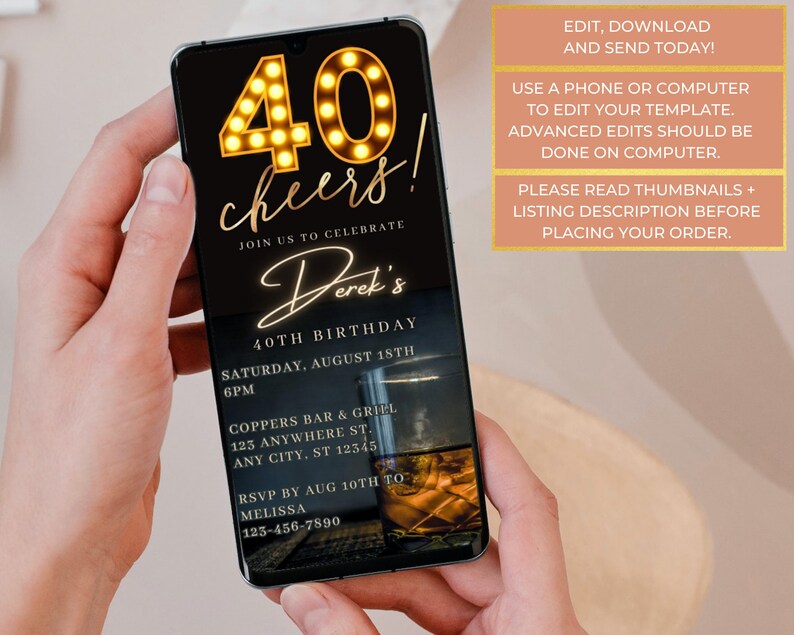 May include: A digital invitation for a 40th birthday party. The invitation features a black background with gold text and a picture of a glass of whisky. The text reads "Cheers! Join us to celebrate Derek's 40th Birthday. Saturday, August 18th, 6PM. Coppers Bar & Grill, 125 Anywhere St., Any City, ST 12345. RSVP by Aug 10th to Melissa, 123-456-7890."