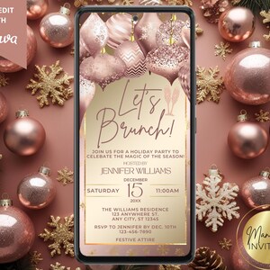 Digital Elegant Let&#39;s Brunch Christmas Holiday Party Invitation, Pink Rose Gold Ornaments, Phone Evite, Editable Template, Instant Download