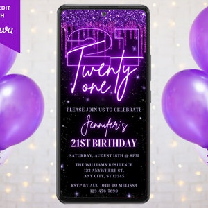 Digital Twenty One 21st Birthday Party Invite, Electronic Phone Text Evite, Neon Purple Glitter Drip, Editable Template, Instant Download