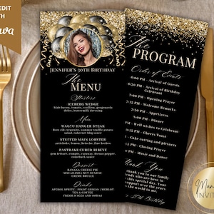 Modèle de menu et de carte de programme avec image modifiable de ballons scintillants dorés noirs, menu d'événement imprimable et carte de boissons, menu de dîner d'anniversaire