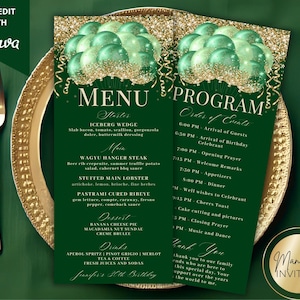 May include: A green and gold menu and program card set with a birthday theme. The menu features a list of food items, and the program lists the order of events. The text "Jennifer's 30th Birthday" is visible.