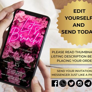 May include: A pink and black digital invitation for a brunch to celebrate a 30th birthday. The invitation features a floral background with the text "Let's Brunch!" in pink neon lettering. The text "Join us to celebrate Jennifer Williams 30th Birthday" is also included, along with the date, time, and location of the event.