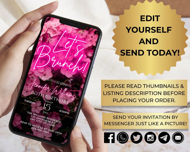May include: A pink and black digital invitation for a brunch to celebrate a 30th birthday. The invitation features a floral background with the text "Let's Brunch!" in pink neon lettering. The text "Join us to celebrate Jennifer Williams 30th Birthday" is also included, along with the date, time, and location of the event.