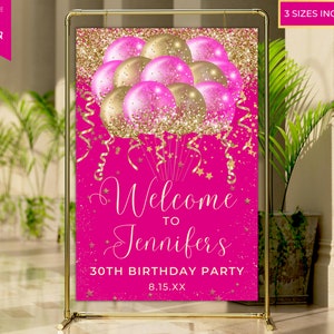 Signo de bienvenida de globos de brillo de oro rosa imprimible, signo de fiesta de cumpleaños, signo de graduación, signo de entrada, plantilla editable, descarga instantánea