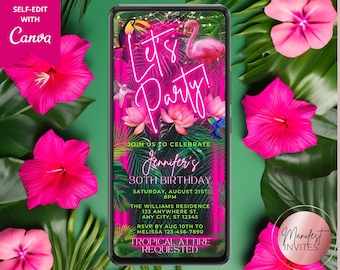 Digital Let's Party Tropical Pink Neon Birthday Party Invitation, Jungle Safari, Electronic Phone Evite, Editable Template, Instant Download